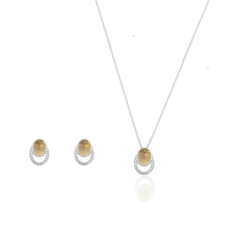 Conjunto Colar e Brinco Oval Cravejado com Pedra Natural | Prata 925