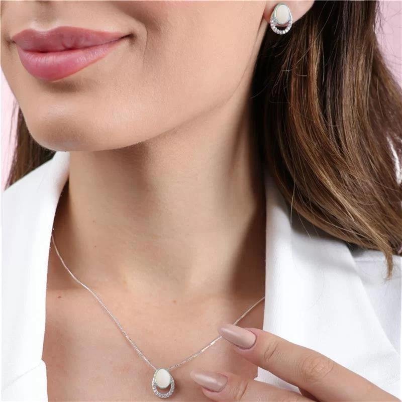 Conjunto Colar e Brinco Oval Cravejado com Pedra Natural | Prata 925