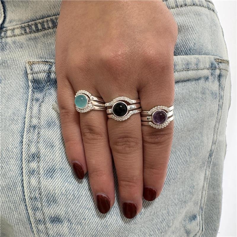 Conjunto 3 Anéis Cravejados com Pedra Natural | Prata 925