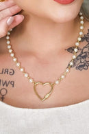 Colar Corrente de Pérolas e Fecho Coração | Banhado em Ouro 18k